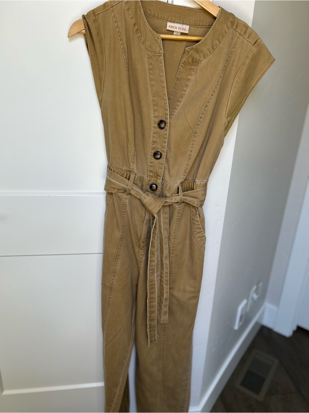 Knox Rose Olive-Tan Utility Jumpsuit with Tie Waist